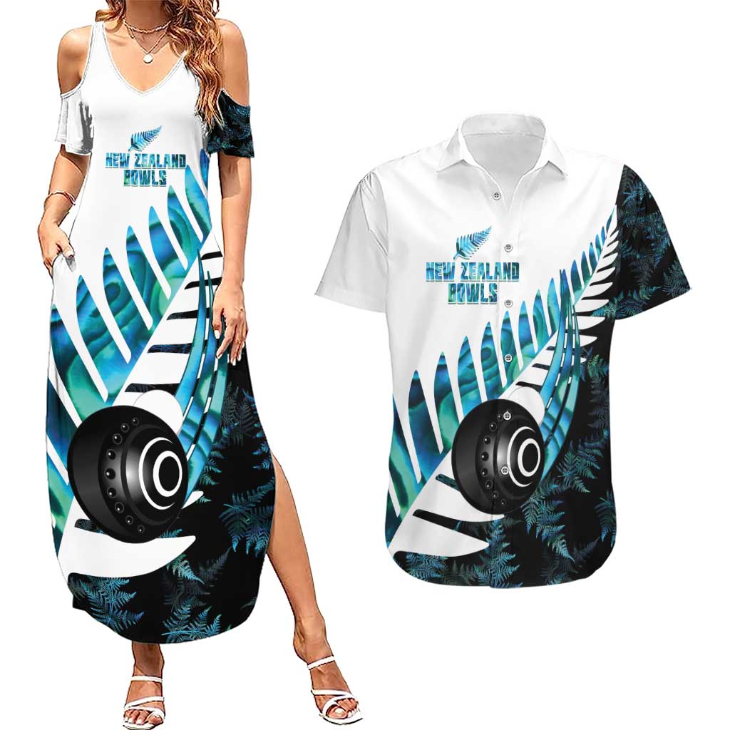 New Zealand Lawn Bowls Custom Couples Matching Summer Maxi Dress and Hawaiian Shirt Aotearoa Silver Fern Paua Shell LT14 Black - Polynesian Pride