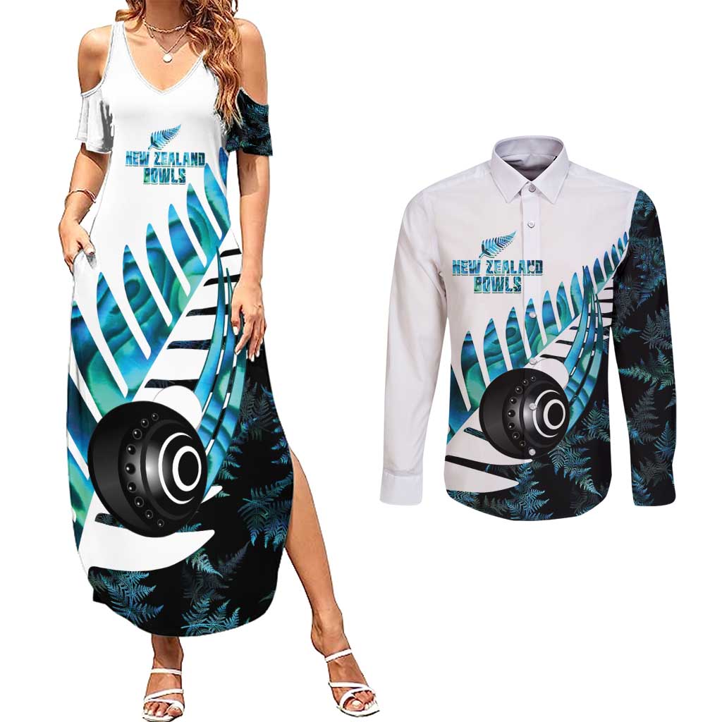 New Zealand Lawn Bowls Custom Couples Matching Summer Maxi Dress and Long Sleeve Button Shirt Aotearoa Silver Fern Paua Shell LT14 Black - Polynesian Pride