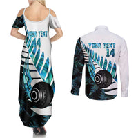 New Zealand Lawn Bowls Custom Couples Matching Summer Maxi Dress and Long Sleeve Button Shirt Aotearoa Silver Fern Paua Shell LT14 - Polynesian Pride