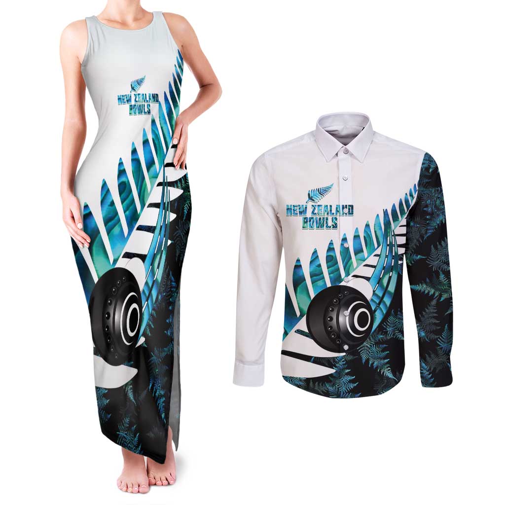 New Zealand Lawn Bowls Custom Couples Matching Tank Maxi Dress and Long Sleeve Button Shirt Aotearoa Silver Fern Paua Shell LT14 Black - Polynesian Pride