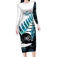 New Zealand Lawn Bowls Custom Family Matching Long Sleeve Bodycon Dress and Hawaiian Shirt Aotearoa Silver Fern Paua Shell LT14 Mom's Dress Black - Polynesian Pride