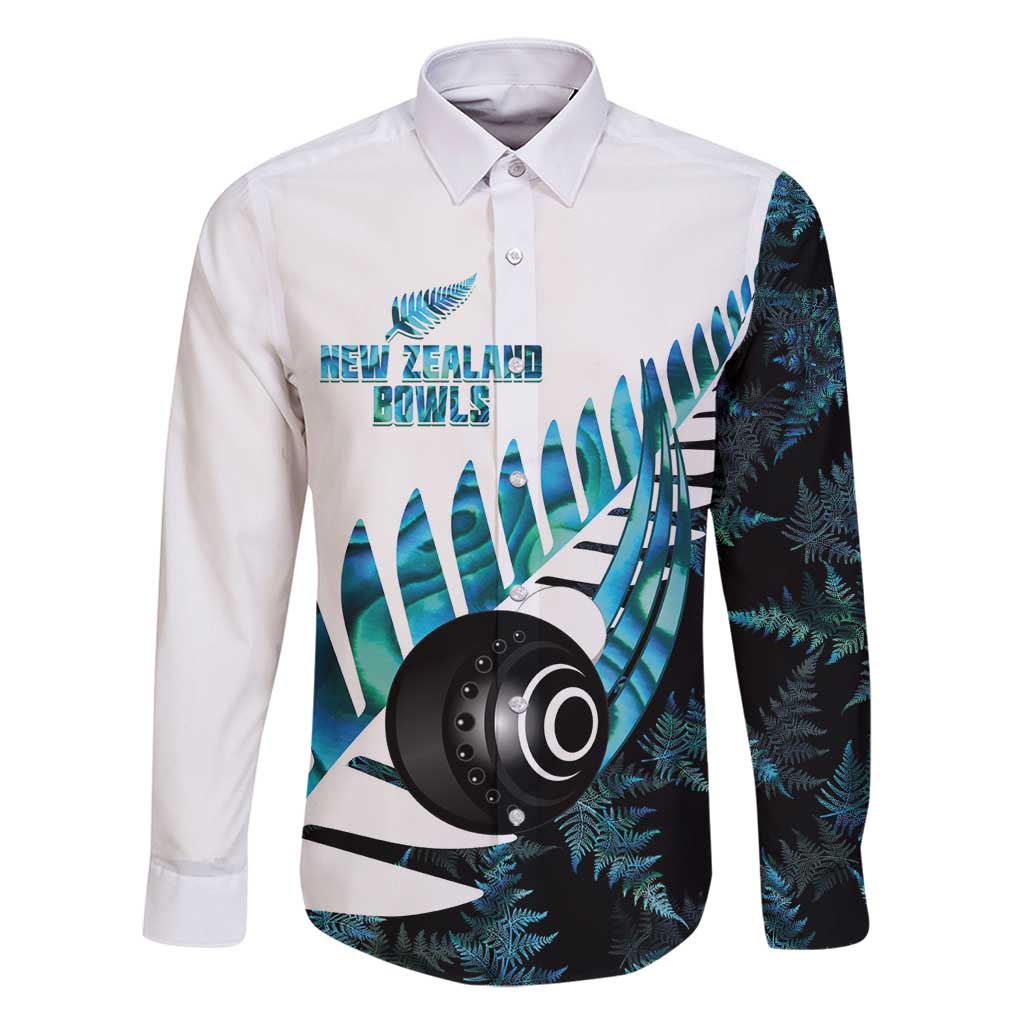 New Zealand Lawn Bowls Custom Family Matching Mermaid Dress and Hawaiian Shirt Aotearoa Silver Fern Paua Shell LT14 Dad's Shirt - Long Sleeve Black - Polynesian Pride