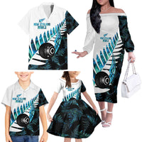 New Zealand Lawn Bowls Custom Family Matching Off The Shoulder Long Sleeve Dress and Hawaiian Shirt Aotearoa Silver Fern Paua Shell LT14 - Polynesian Pride