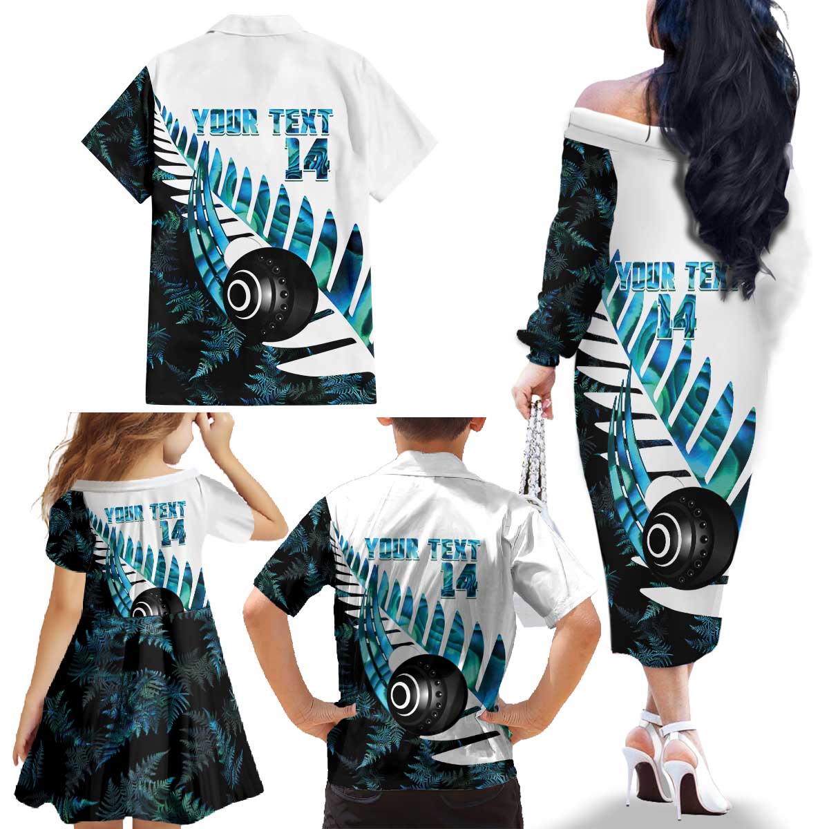 New Zealand Lawn Bowls Custom Family Matching Off The Shoulder Long Sleeve Dress and Hawaiian Shirt Aotearoa Silver Fern Paua Shell LT14 - Polynesian Pride