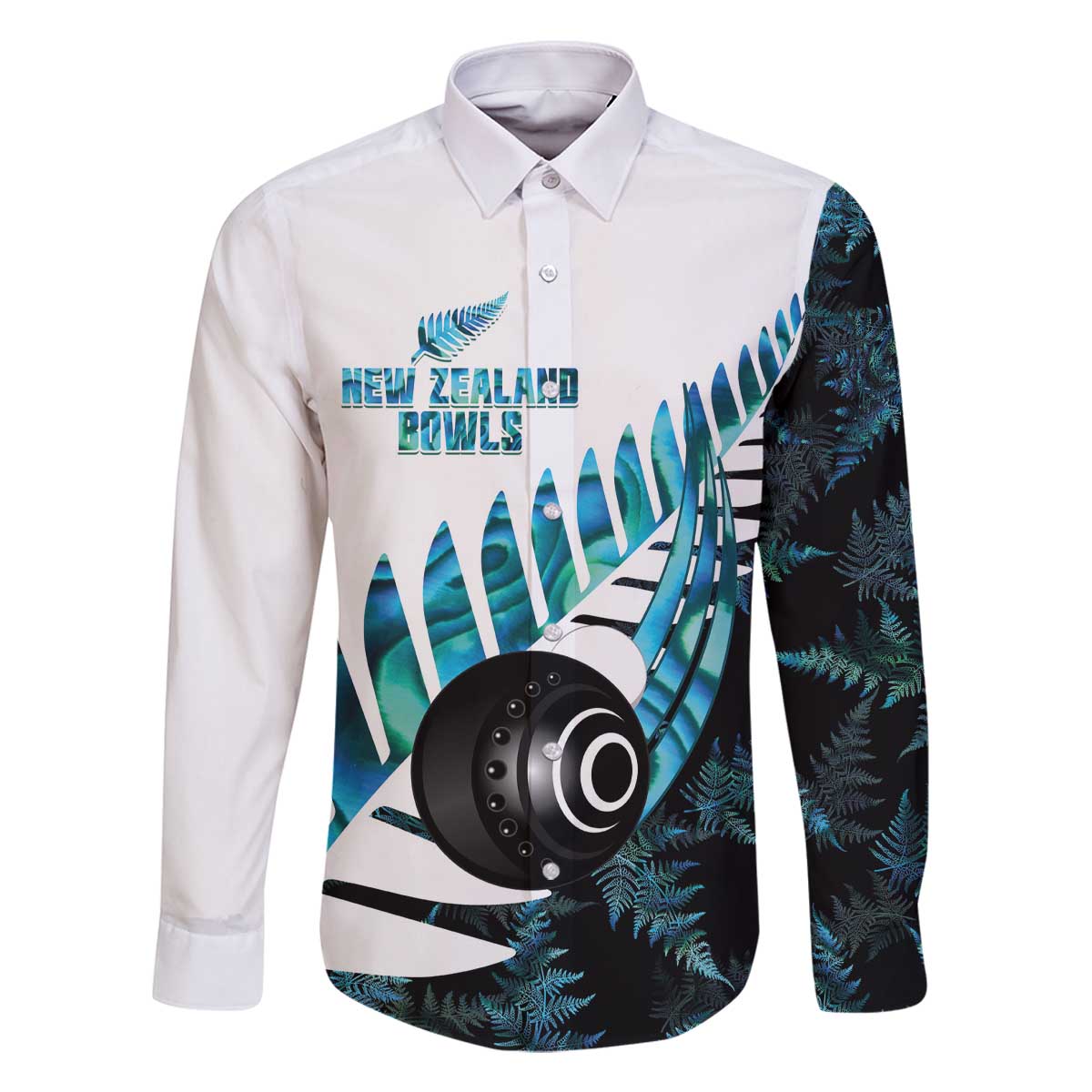 New Zealand Lawn Bowls Custom Family Matching Off The Shoulder Long Sleeve Dress and Hawaiian Shirt Aotearoa Silver Fern Paua Shell LT14 Dad's Shirt - Long Sleeve Black - Polynesian Pride