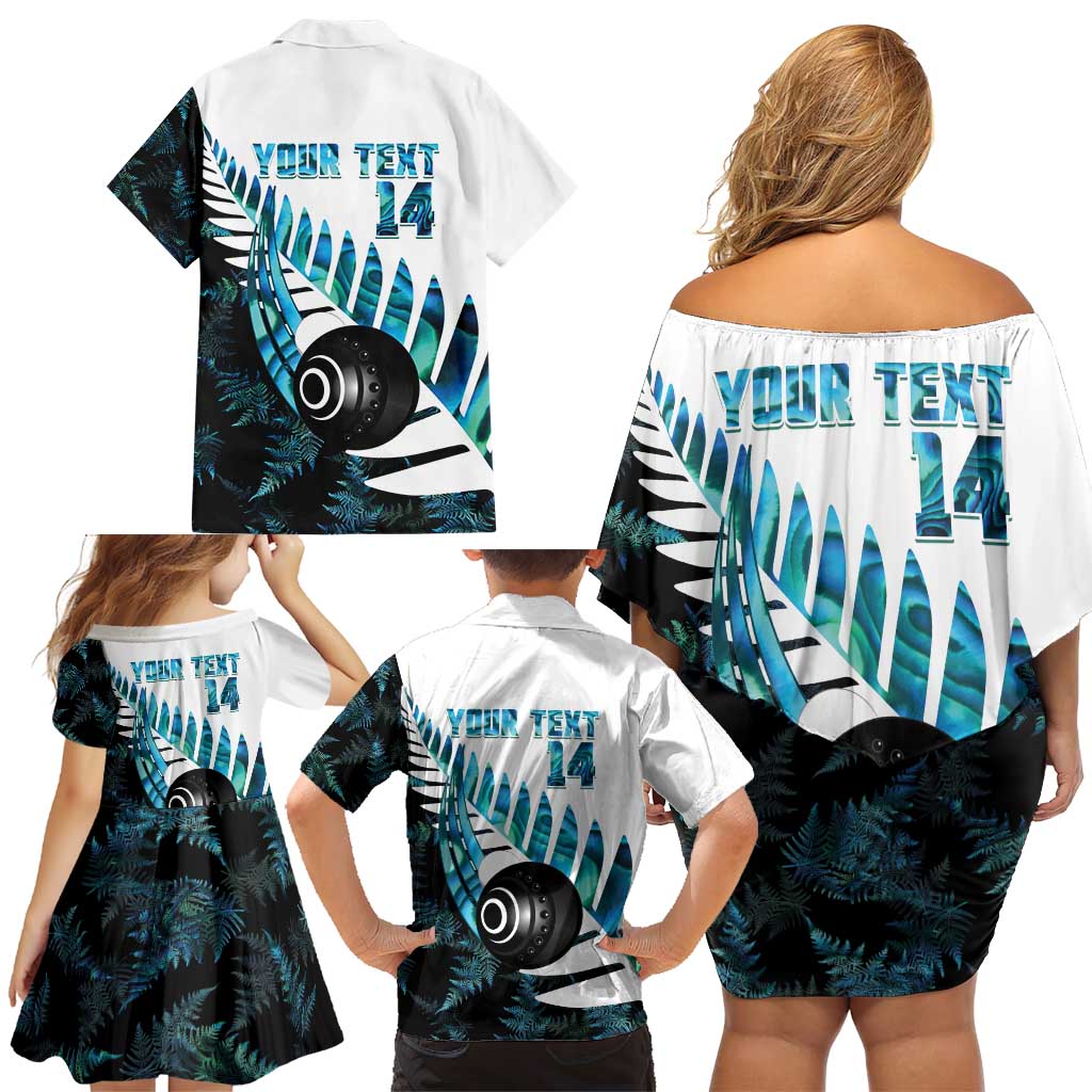 New Zealand Lawn Bowls Custom Family Matching Off Shoulder Short Dress and Hawaiian Shirt Aotearoa Silver Fern Paua Shell LT14 - Polynesian Pride