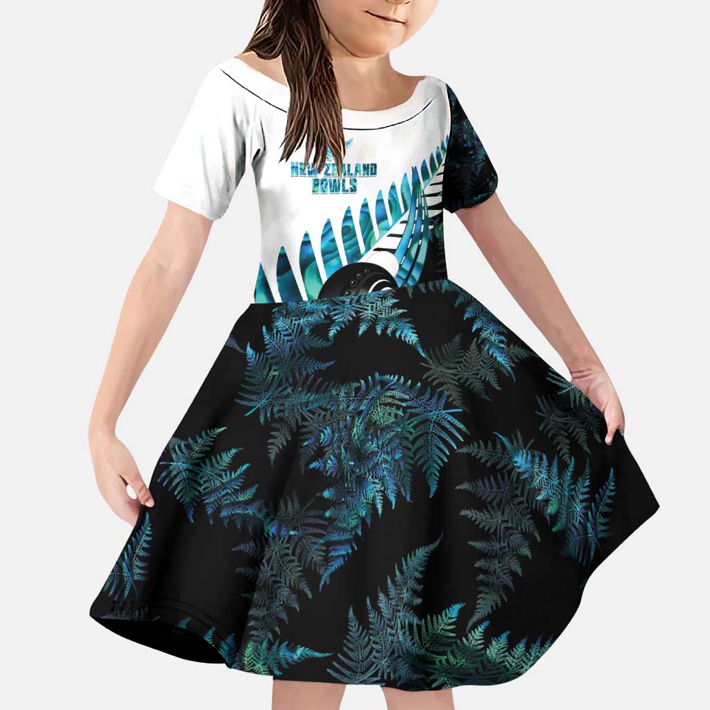 New Zealand Lawn Bowls Custom Family Matching Puletasi and Hawaiian Shirt Aotearoa Silver Fern Paua Shell LT14 Daughter's Dress Black - Polynesian Pride