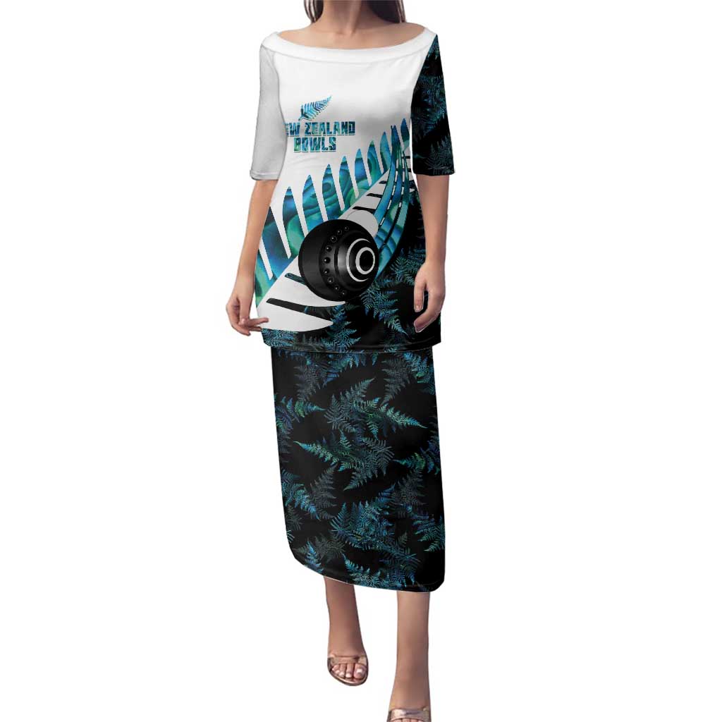 New Zealand Lawn Bowls Custom Family Matching Puletasi and Hawaiian Shirt Aotearoa Silver Fern Paua Shell LT14 Mom's Dress Black - Polynesian Pride