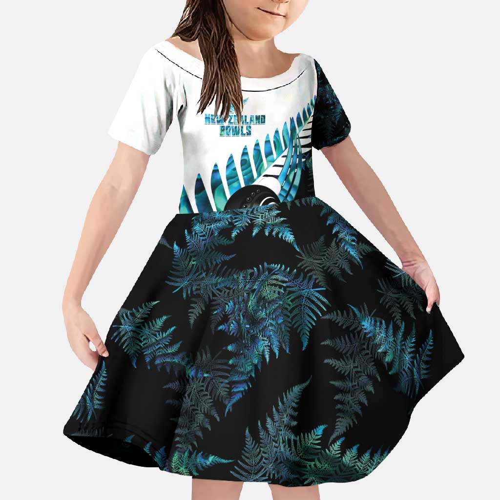 New Zealand Lawn Bowls Custom Family Matching Summer Maxi Dress and Hawaiian Shirt Aotearoa Silver Fern Paua Shell LT14 Daughter's Dress Black - Polynesian Pride