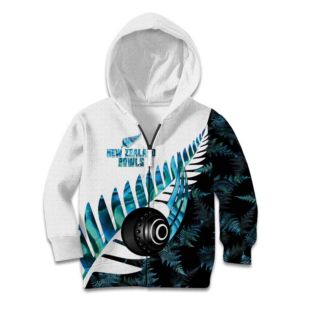 New Zealand Lawn Bowls Custom Kid Hoodie Aotearoa Silver Fern Paua Shell LT14 Zip Hoodie Black - Polynesian Pride