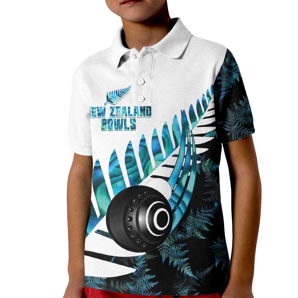 New Zealand Lawn Bowls Custom Kid Polo Shirt Aotearoa Silver Fern Paua Shell LT14 Kid Black - Polynesian Pride