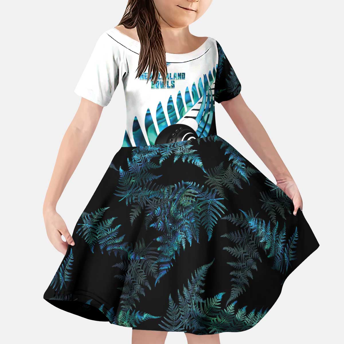 New Zealand Lawn Bowls Custom Kid Short Sleeve Dress Aotearoa Silver Fern Paua Shell LT14 KID Black - Polynesian Pride