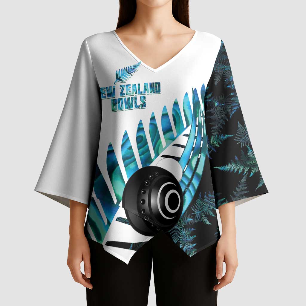 New Zealand Lawn Bowls Custom Kimono Sleeve Blouse Aotearoa Silver Fern Paua Shell - Polynesian Pride