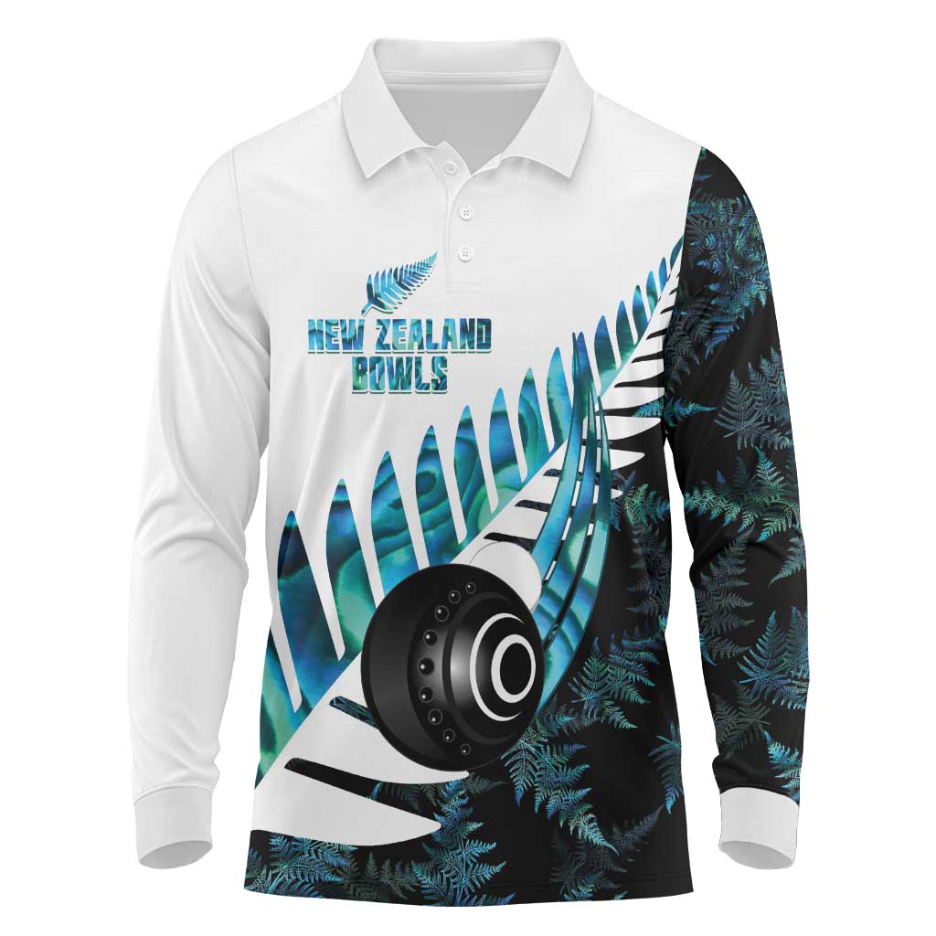 New Zealand Lawn Bowls Custom Long Sleeve Polo Shirt Aotearoa Silver Fern Paua Shell LT14 Black - Polynesian Pride