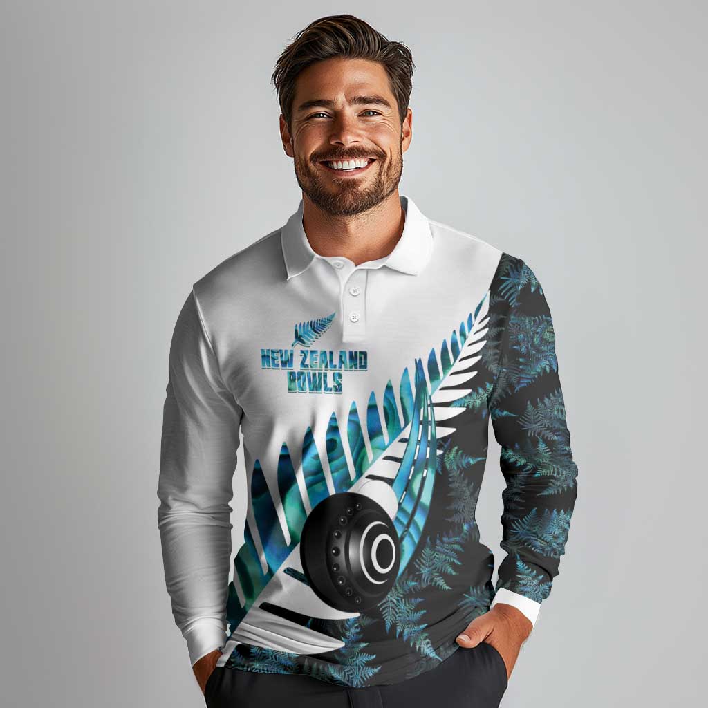 New Zealand Lawn Bowls Custom Long Sleeve Polo Shirt Aotearoa Silver Fern Paua Shell LT14 - Polynesian Pride