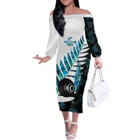 New Zealand Lawn Bowls Custom Off The Shoulder Long Sleeve Dress Aotearoa Silver Fern Paua Shell LT14 Women Black - Polynesian Pride