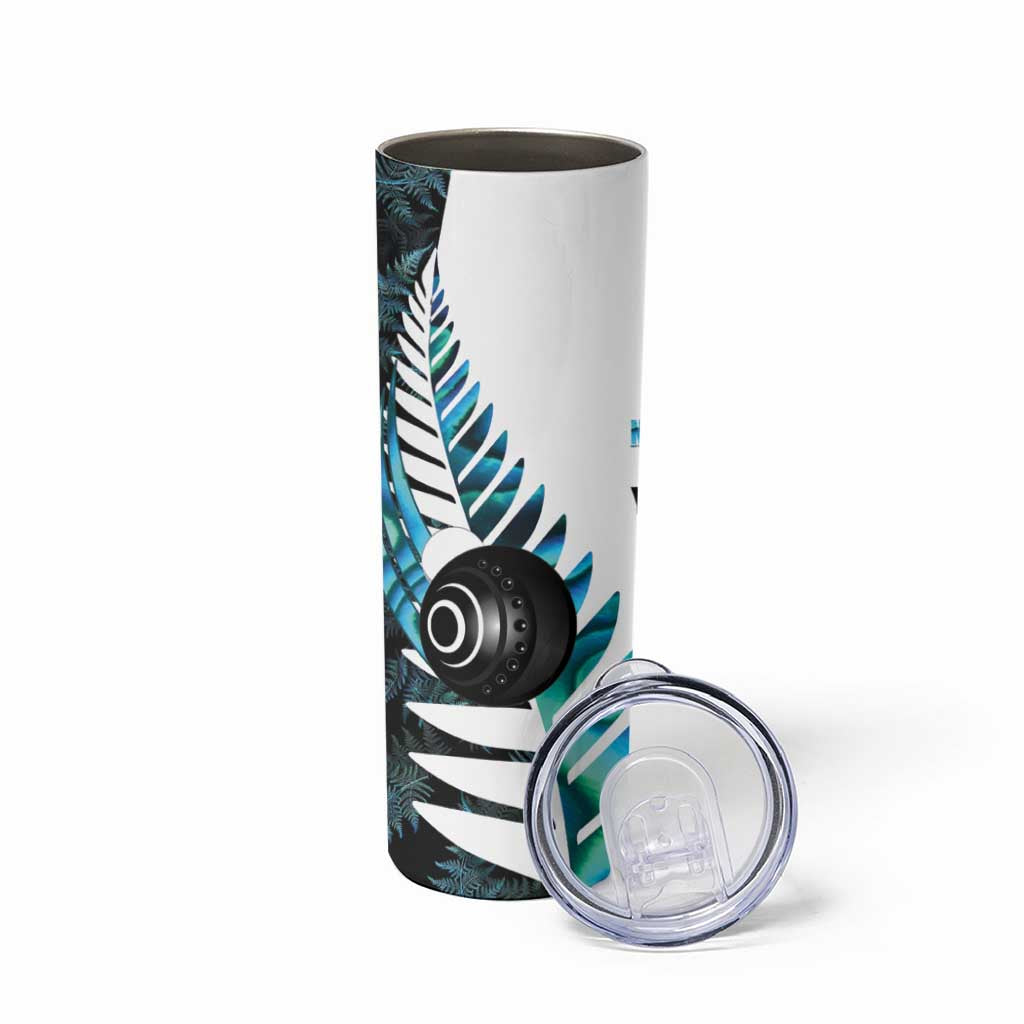 New Zealand Lawn Bowls Custom Skinny Tumbler Aotearoa Silver Fern Paua Shell LT14 - Polynesian Pride