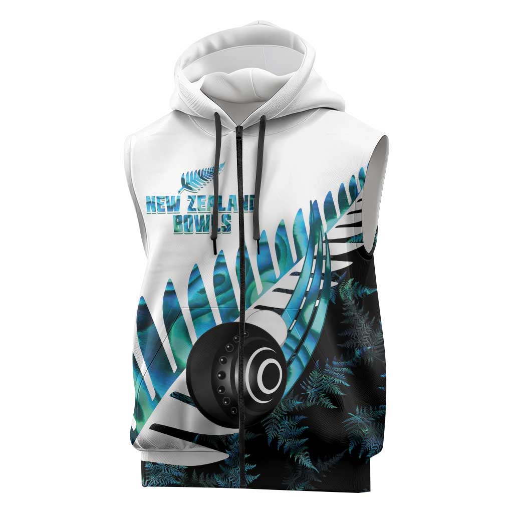 New Zealand Lawn Bowls Custom Sleeveless Zip Hoodie Aotearoa Silver Fern Paua Shell LT14 Black - Polynesian Pride