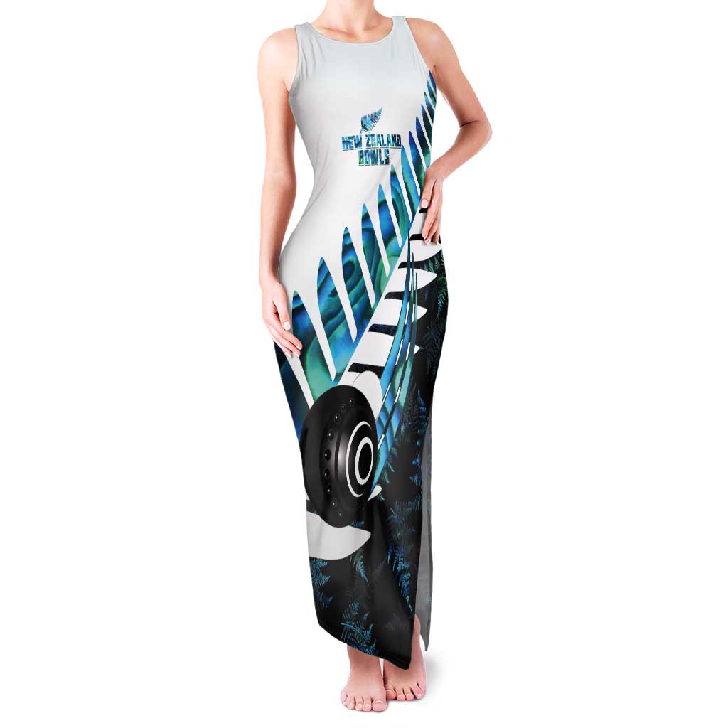 New Zealand Lawn Bowls Custom Tank Maxi Dress Aotearoa Silver Fern Paua Shell LT14 Women Black - Polynesian Pride