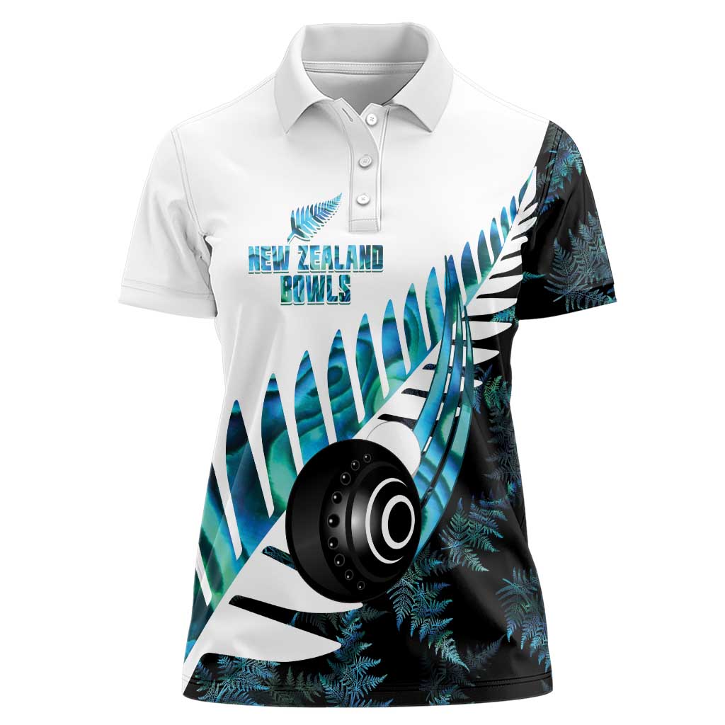 New Zealand Lawn Bowls Custom Women Polo Shirt Aotearoa Silver Fern Paua Shell LT14 Female Black - Polynesian Pride