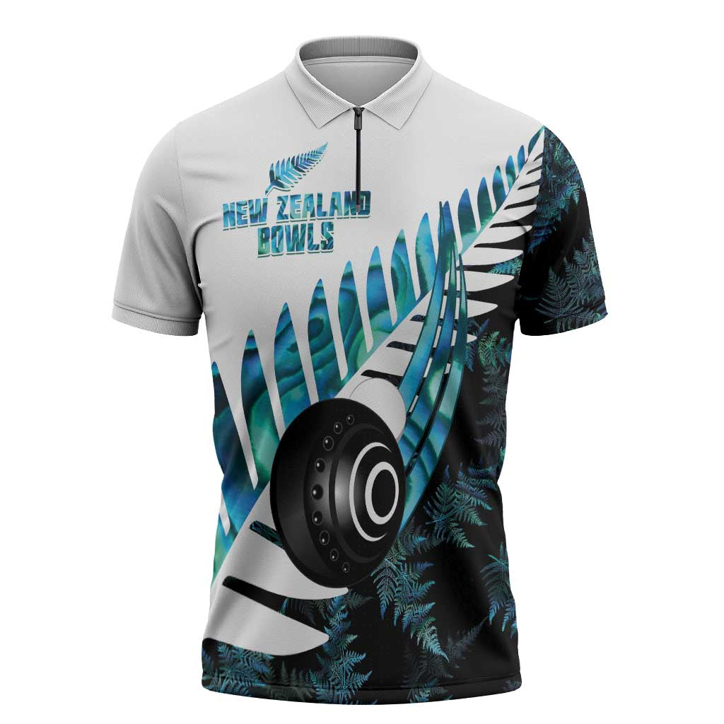 New Zealand Lawn Bowls Custom Zipper Polo Shirt Aotearoa Silver Fern Paua Shell LT14 Black - Polynesian Pride