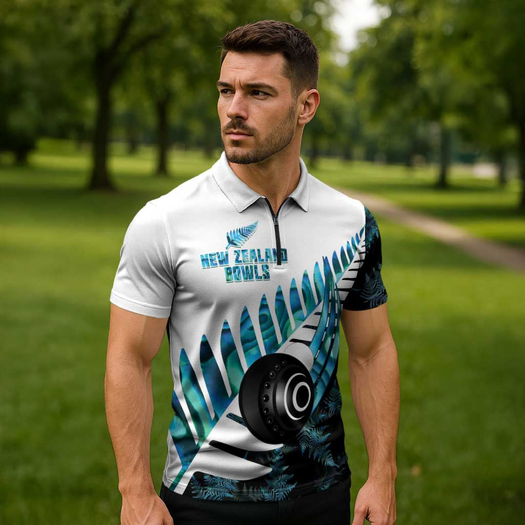 New Zealand Lawn Bowls Custom Zipper Polo Shirt Aotearoa Silver Fern Paua Shell LT14 - Polynesian Pride