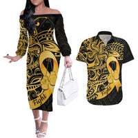 Polynesia Bone Cancer Awareness Couples Matching Off The Shoulder Long Sleeve Dress and Hawaiian Shirt Fight Warriors LT14 Black - Polynesian Pride