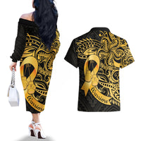 Polynesia Bone Cancer Awareness Couples Matching Off The Shoulder Long Sleeve Dress and Hawaiian Shirt Fight Warriors LT14 - Polynesian Pride