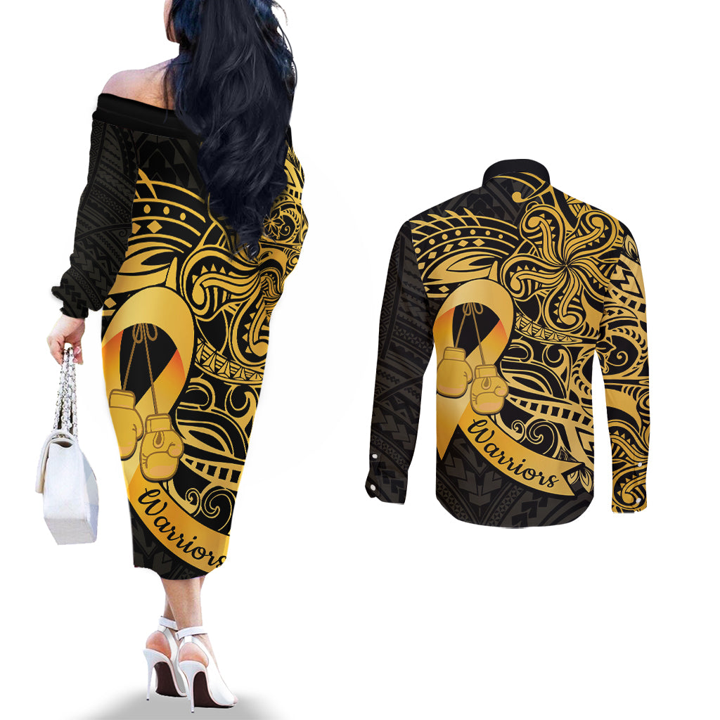 Polynesia Bone Cancer Awareness Couples Matching Off The Shoulder Long Sleeve Dress and Long Sleeve Button Shirt Fight Warriors