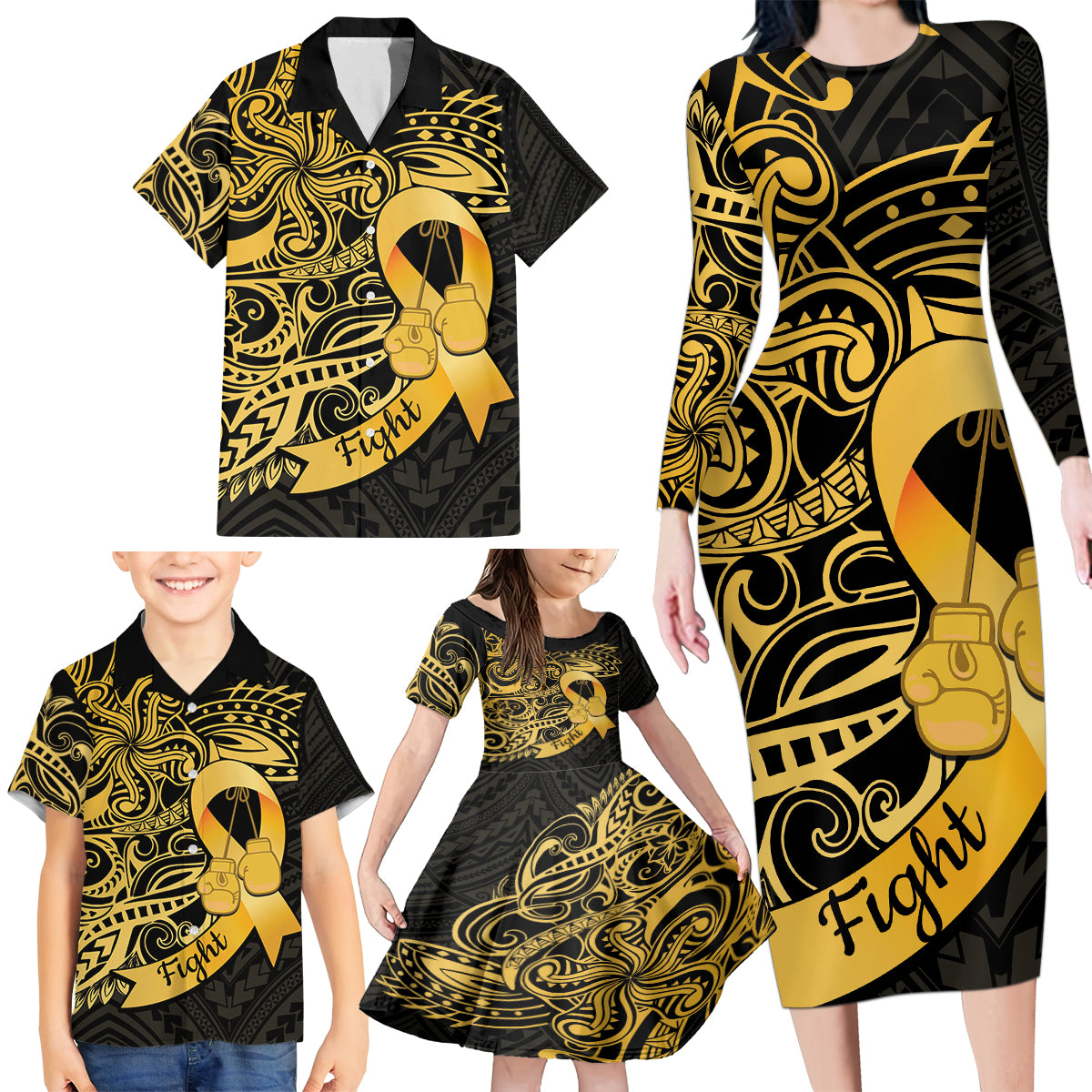 Polynesia Bone Cancer Awareness Family Matching Long Sleeve Bodycon Dress and Hawaiian Shirt Fight Warriors LT14 - Polynesian Pride