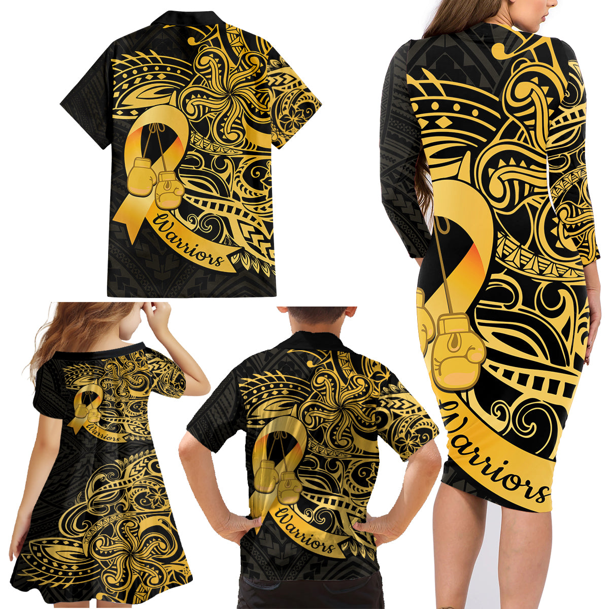 Polynesia Bone Cancer Awareness Family Matching Long Sleeve Bodycon Dress and Hawaiian Shirt Fight Warriors LT14 - Polynesian Pride