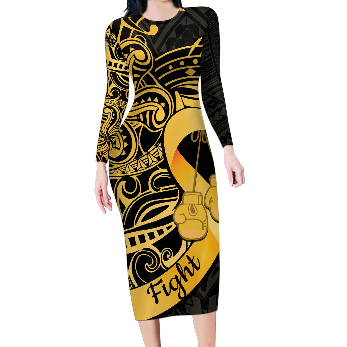 Polynesia Bone Cancer Awareness Family Matching Long Sleeve Bodycon Dress and Hawaiian Shirt Fight Warriors LT14 Mom's Dress Black - Polynesian Pride