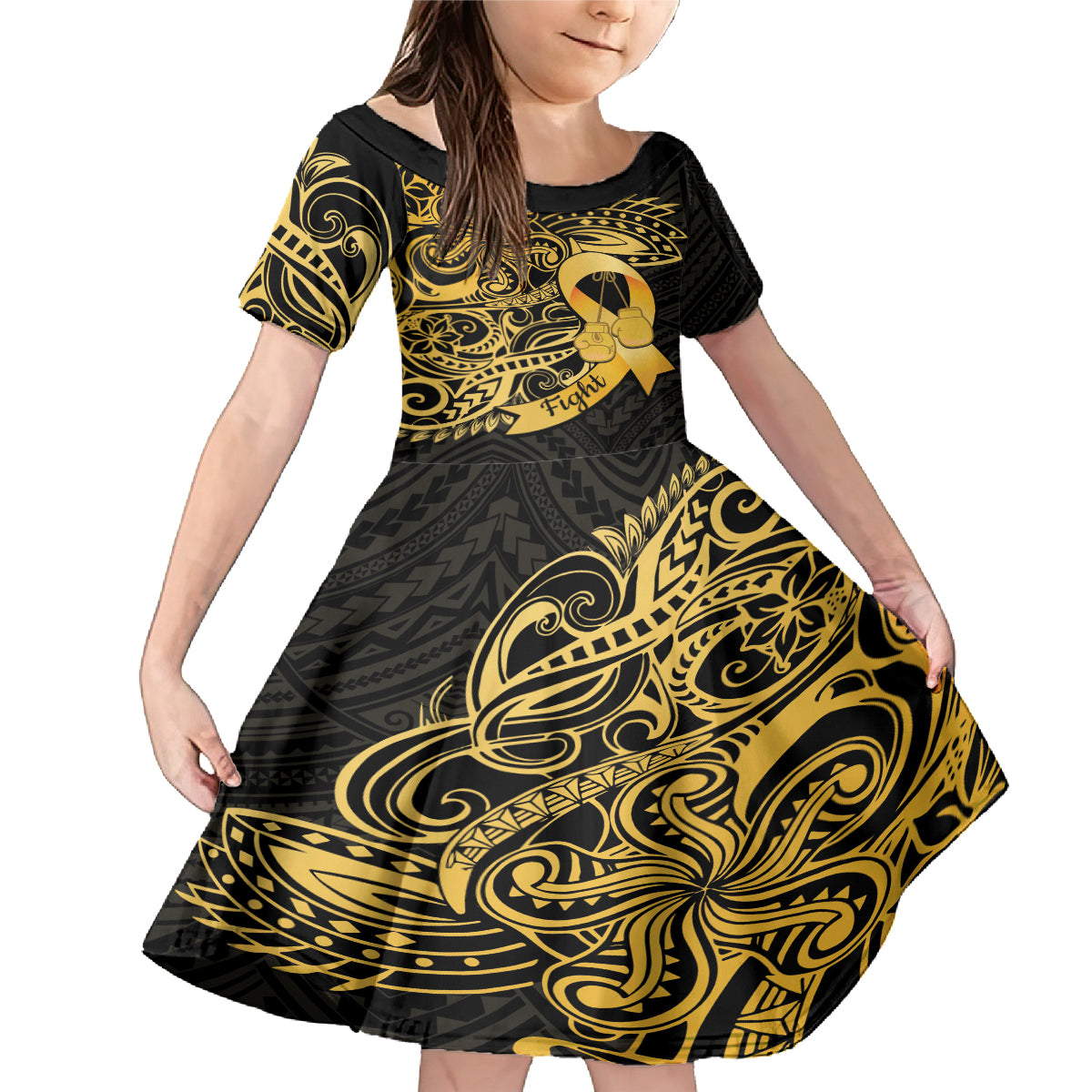 Polynesia Bone Cancer Awareness Family Matching Mermaid Dress and Hawaiian Shirt Fight Warriors LT14 Daughter's Dress Black - Polynesian Pride