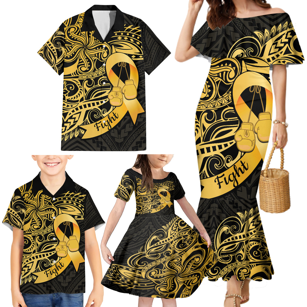 Polynesia Bone Cancer Awareness Family Matching Mermaid Dress and Hawaiian Shirt Fight Warriors LT14 - Polynesian Pride