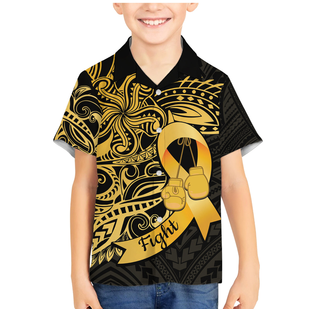 Polynesia Bone Cancer Awareness Family Matching Mermaid Dress and Hawaiian Shirt Fight Warriors LT14 Son's Shirt Black - Polynesian Pride