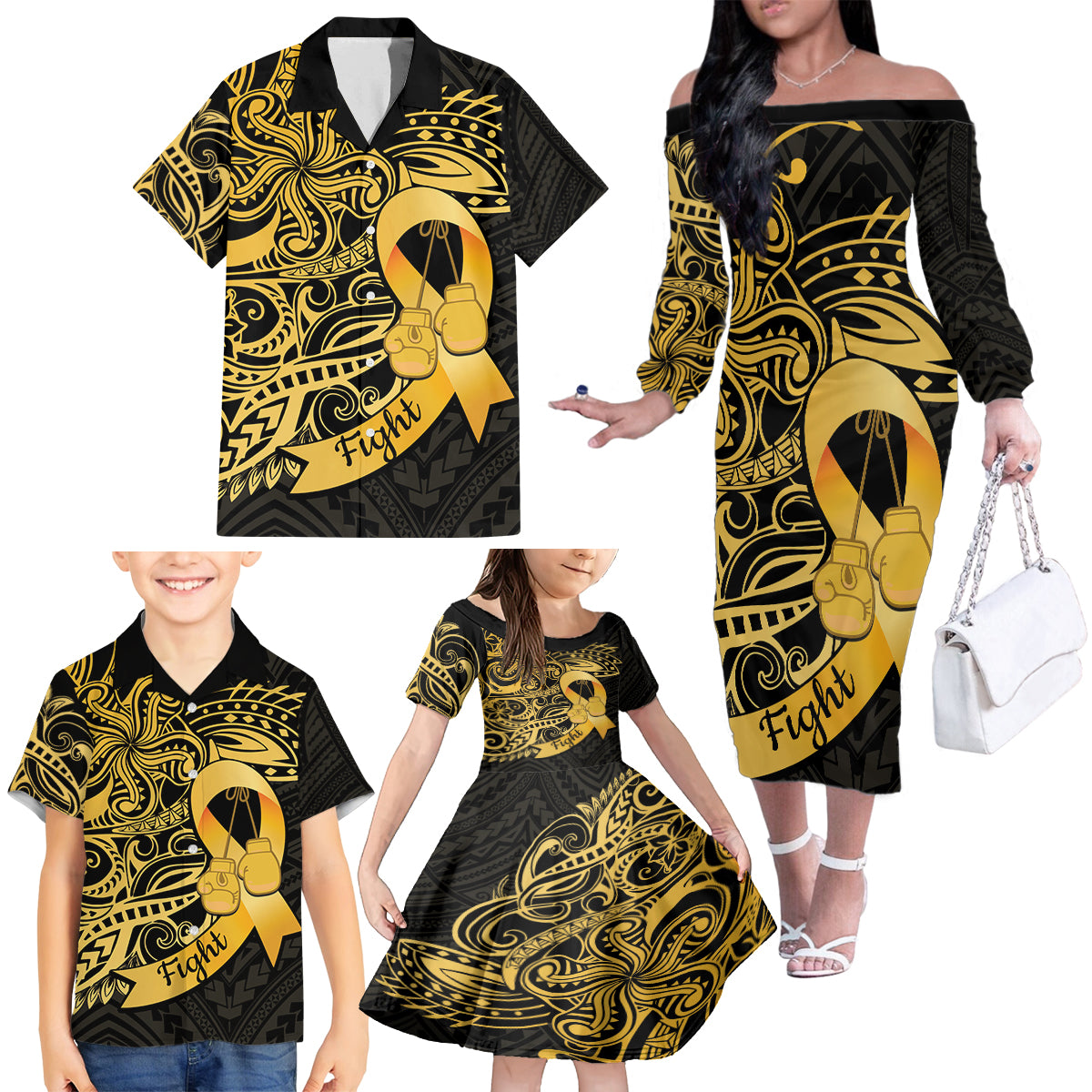 Polynesia Bone Cancer Awareness Family Matching Off The Shoulder Long Sleeve Dress and Hawaiian Shirt Fight Warriors LT14 - Polynesian Pride