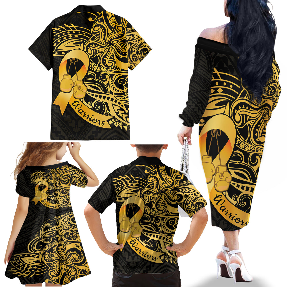 Polynesia Bone Cancer Awareness Family Matching Off The Shoulder Long Sleeve Dress and Hawaiian Shirt Fight Warriors LT14 - Polynesian Pride