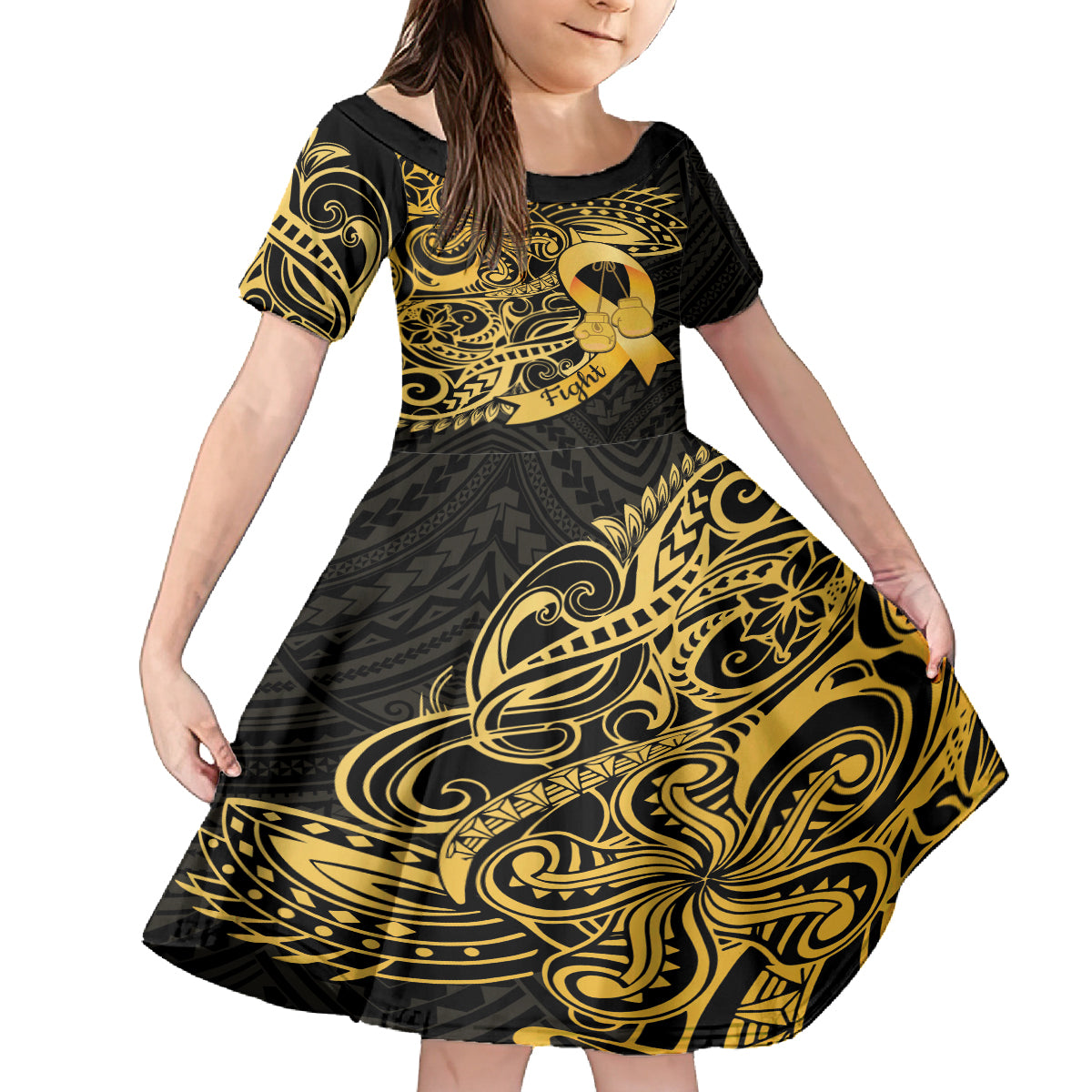 Polynesia Bone Cancer Awareness Family Matching Off Shoulder Maxi Dress and Hawaiian Shirt Fight Warriors LT14 Daughter's Dress Black - Polynesian Pride