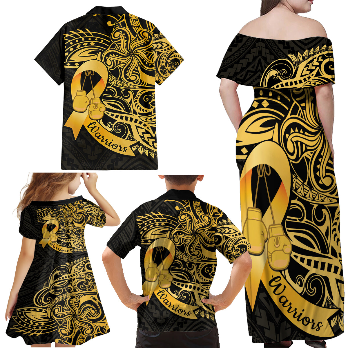 Polynesia Bone Cancer Awareness Family Matching Off Shoulder Maxi Dress and Hawaiian Shirt Fight Warriors LT14 - Polynesian Pride