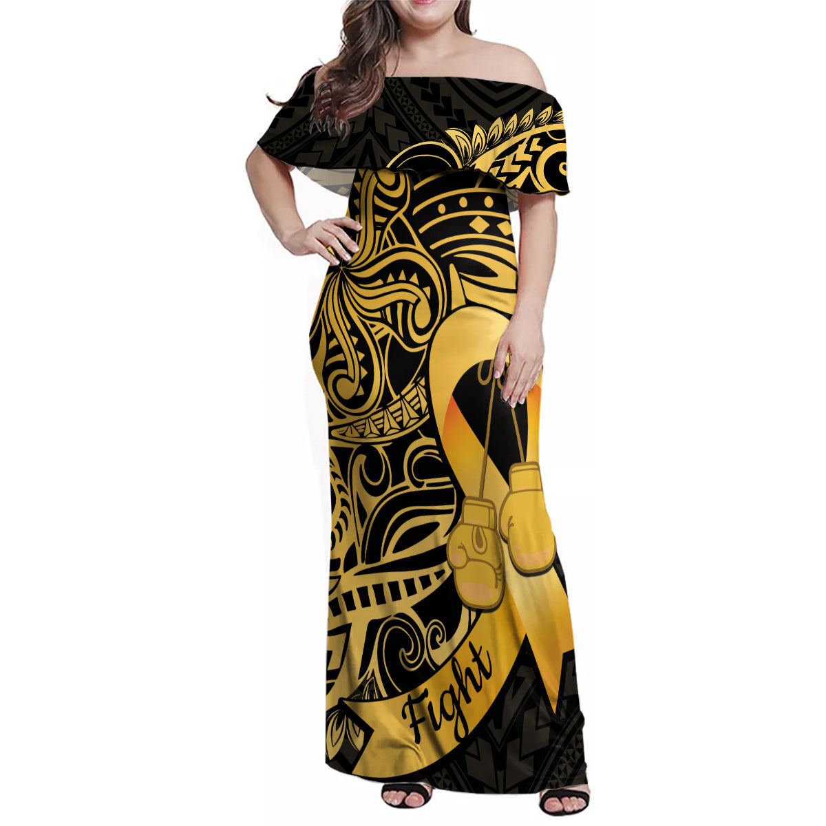 Polynesia Bone Cancer Awareness Family Matching Off Shoulder Maxi Dress and Hawaiian Shirt Fight Warriors LT14 Mom's Dress Black - Polynesian Pride