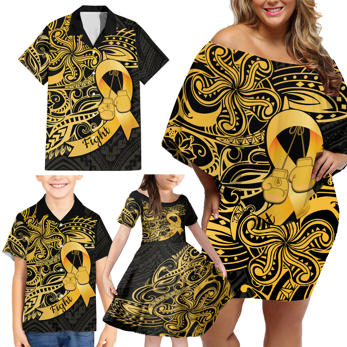 Polynesia Bone Cancer Awareness Family Matching Off Shoulder Short Dress and Hawaiian Shirt Fight Warriors LT14 - Polynesian Pride