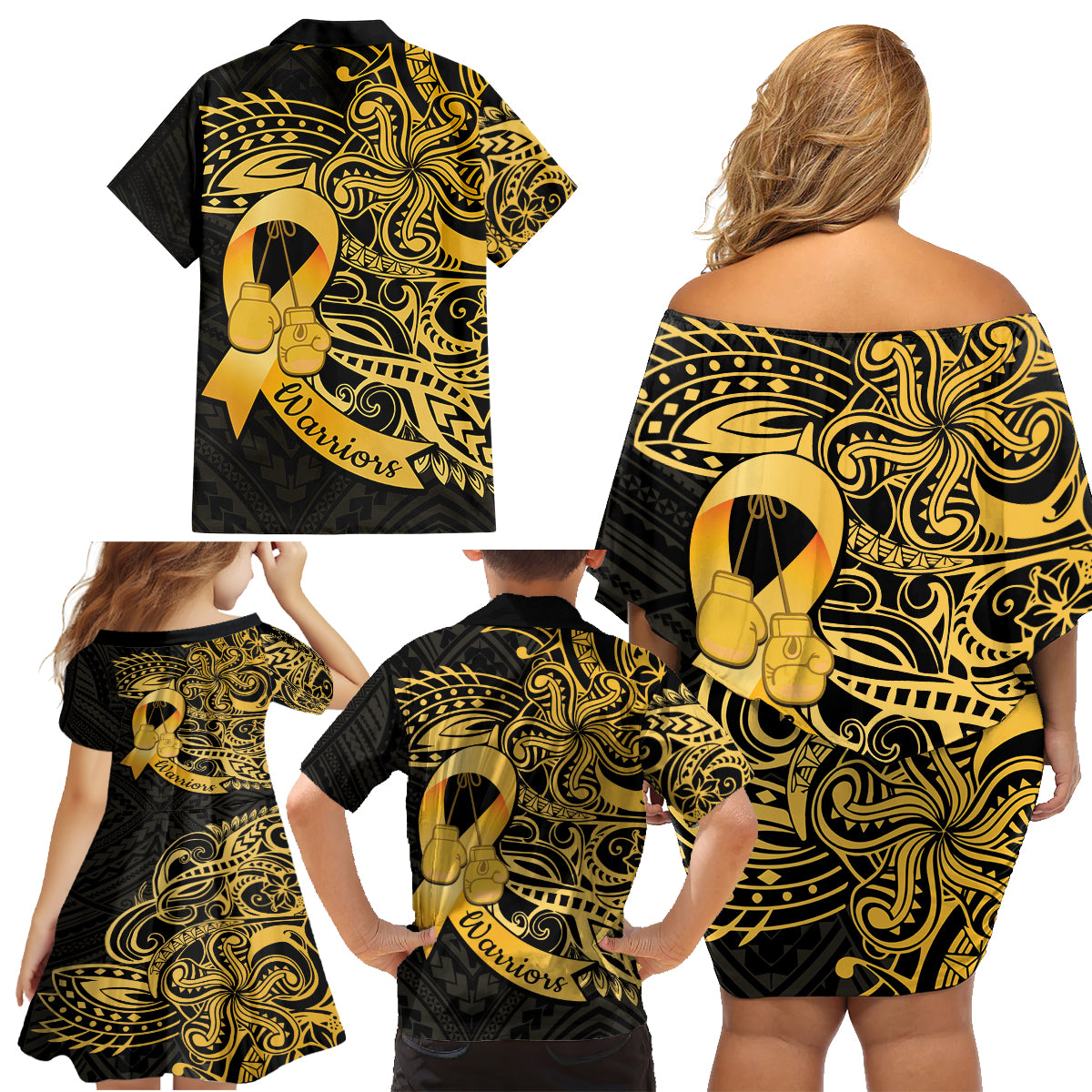 Polynesia Bone Cancer Awareness Family Matching Off Shoulder Short Dress and Hawaiian Shirt Fight Warriors LT14 - Polynesian Pride