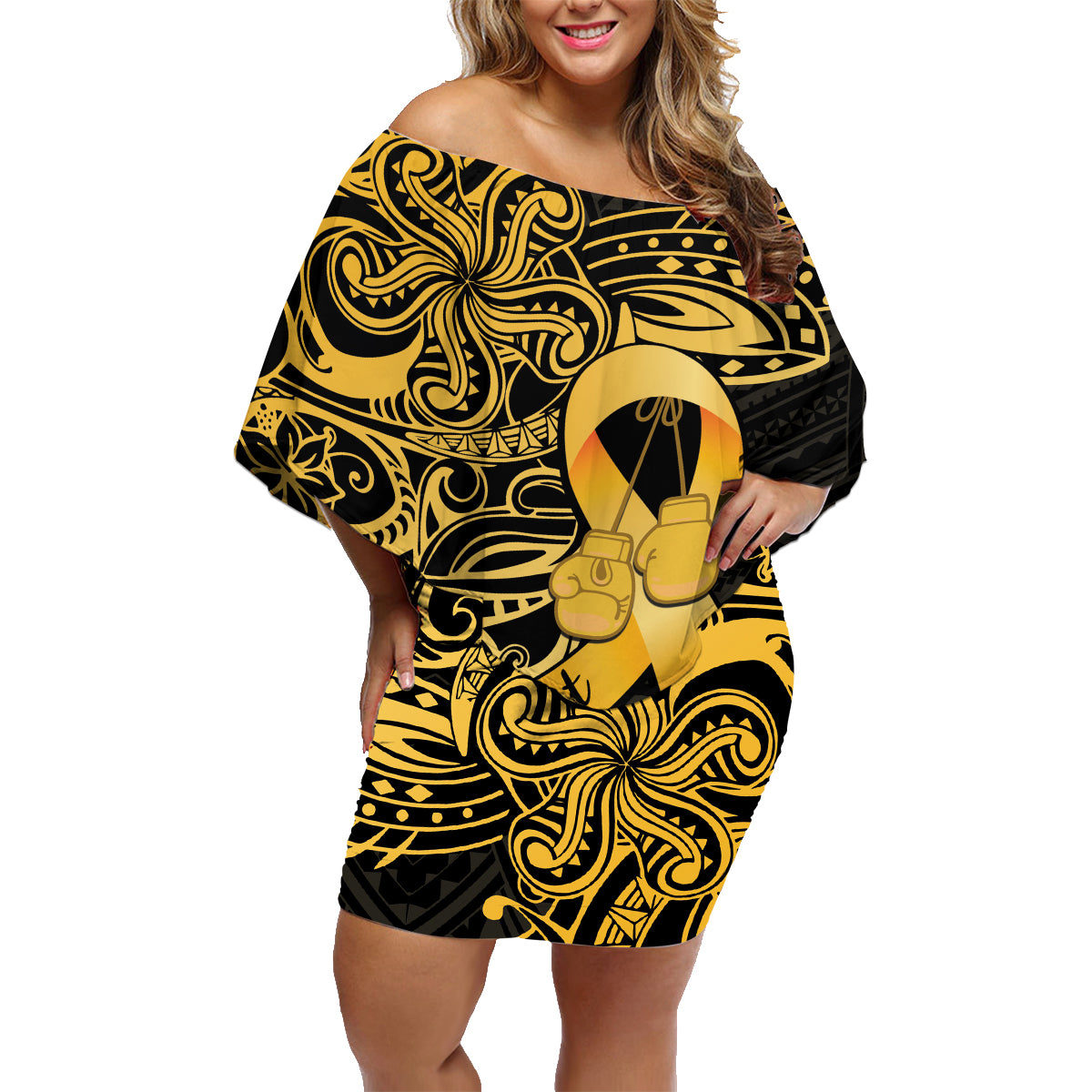 Polynesia Bone Cancer Awareness Family Matching Off Shoulder Short Dress and Hawaiian Shirt Fight Warriors LT14 Mom's Dress Black - Polynesian Pride