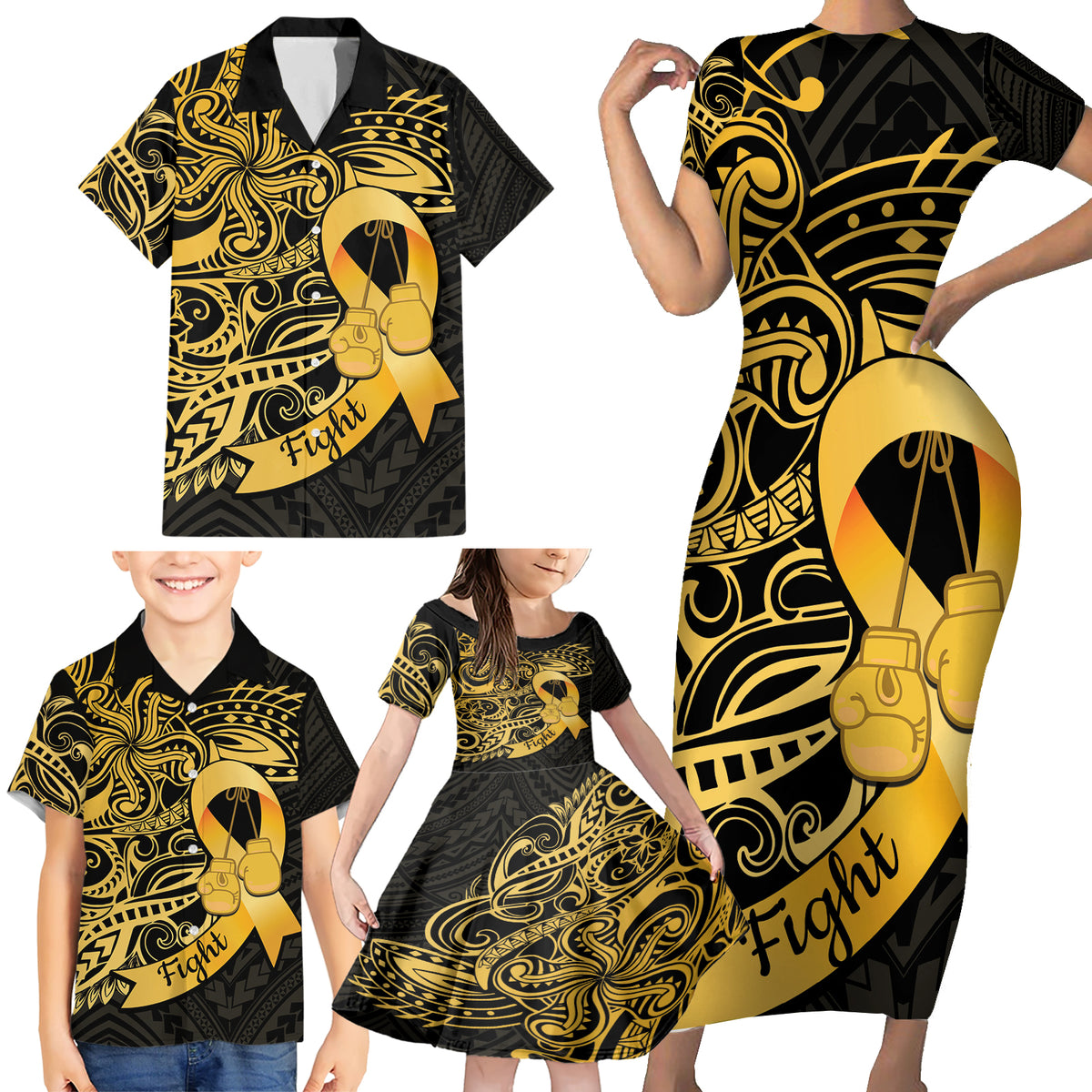 Polynesia Bone Cancer Awareness Family Matching Short Sleeve Bodycon Dress and Hawaiian Shirt Fight Warriors LT14 - Polynesian Pride