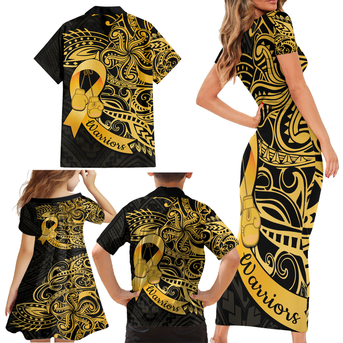 Polynesia Bone Cancer Awareness Family Matching Short Sleeve Bodycon Dress and Hawaiian Shirt Fight Warriors LT14 - Polynesian Pride