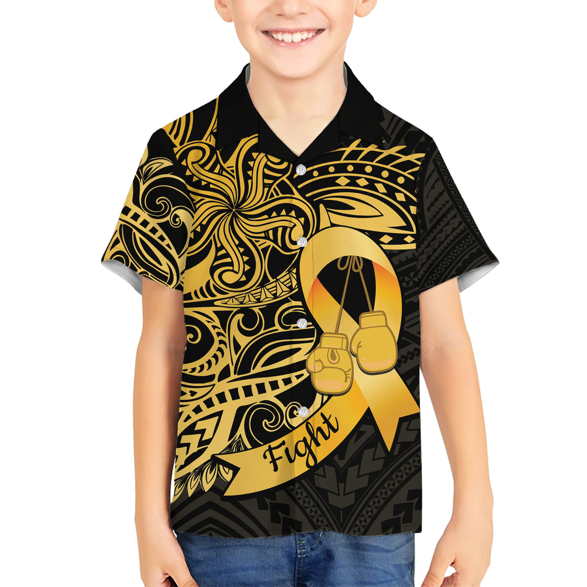 Polynesia Bone Cancer Awareness Family Matching Short Sleeve Bodycon Dress and Hawaiian Shirt Fight Warriors LT14 Son's Shirt Black - Polynesian Pride