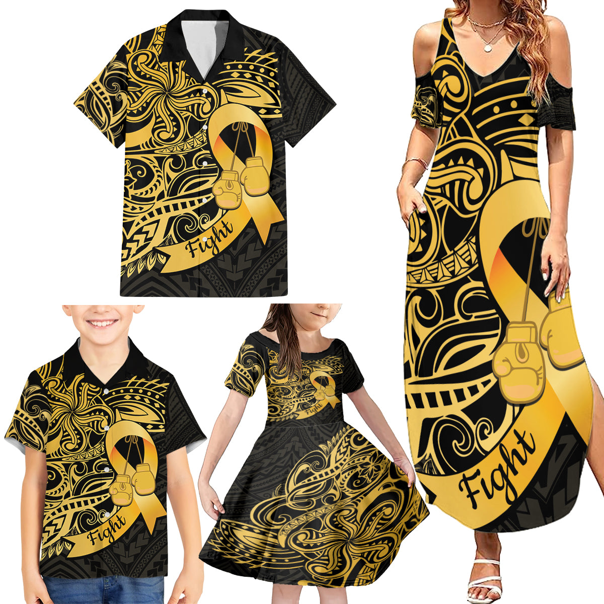 Polynesia Bone Cancer Awareness Family Matching Summer Maxi Dress and Hawaiian Shirt Fight Warriors LT14 - Polynesian Pride