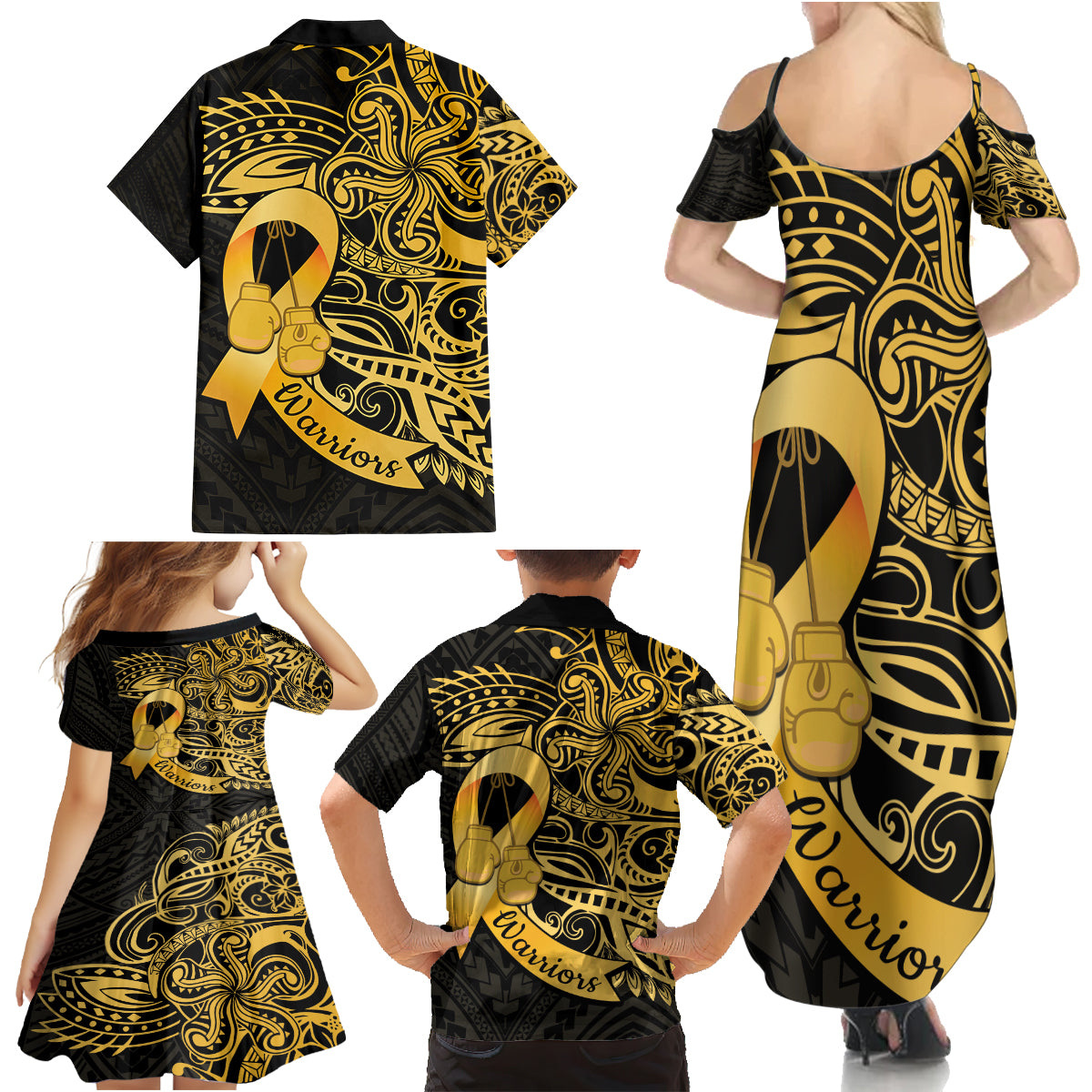 Polynesia Bone Cancer Awareness Family Matching Summer Maxi Dress and Hawaiian Shirt Fight Warriors LT14 - Polynesian Pride