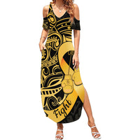 Polynesia Bone Cancer Awareness Family Matching Summer Maxi Dress and Hawaiian Shirt Fight Warriors LT14 Mom's Dress Black - Polynesian Pride