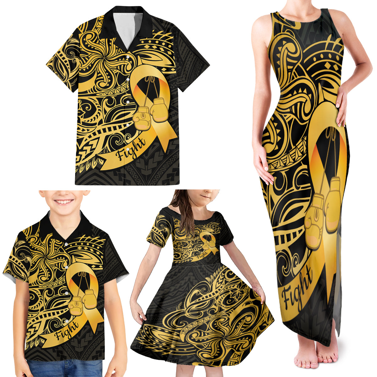 Polynesia Bone Cancer Awareness Family Matching Tank Maxi Dress and Hawaiian Shirt Fight Warriors LT14 - Polynesian Pride